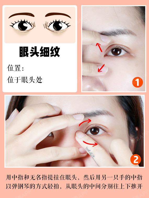 位置:位于眼下 涂抹手法:从眼尾开始,沿着眼眶的方向用指腹轻拍,手掌
