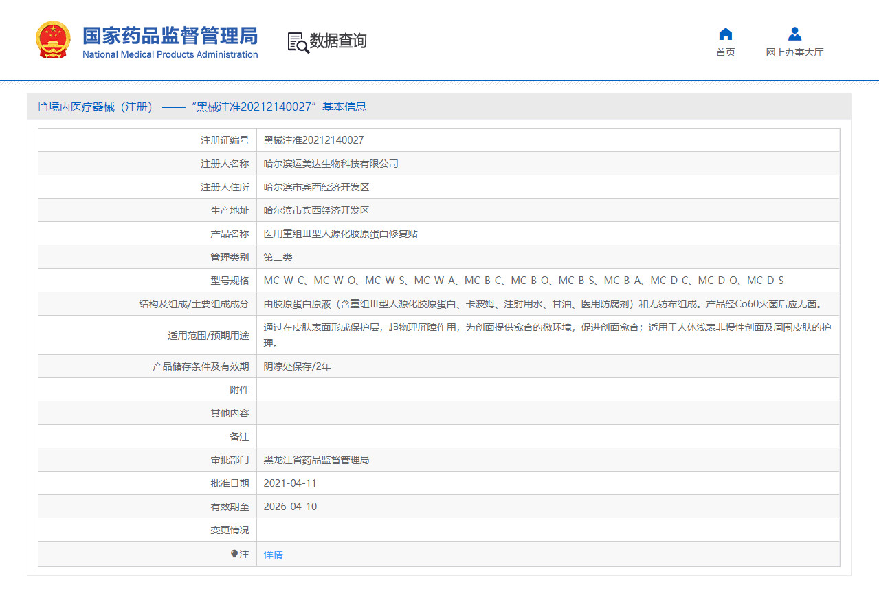 绽育敷医用重组Ⅲ型人源化胶原蛋白修复贴