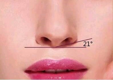 6,标准鼻翼:理想的鼻外形为上窄下宽斜形,其斜面与面部相交呈21~25