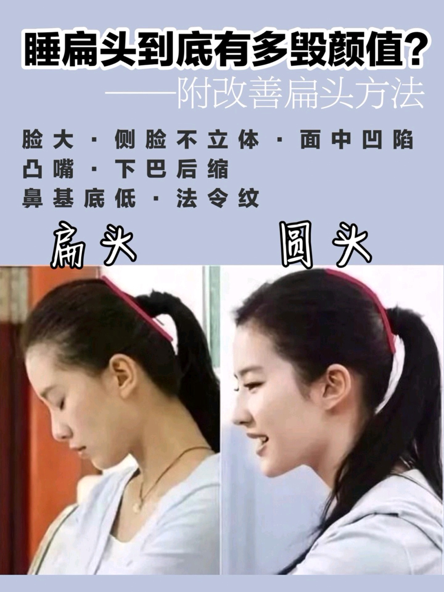 两个典型侧脸对比 刘诗诗(扁头): 后脑勺扁平,脸深度很浅,五官不撂邋