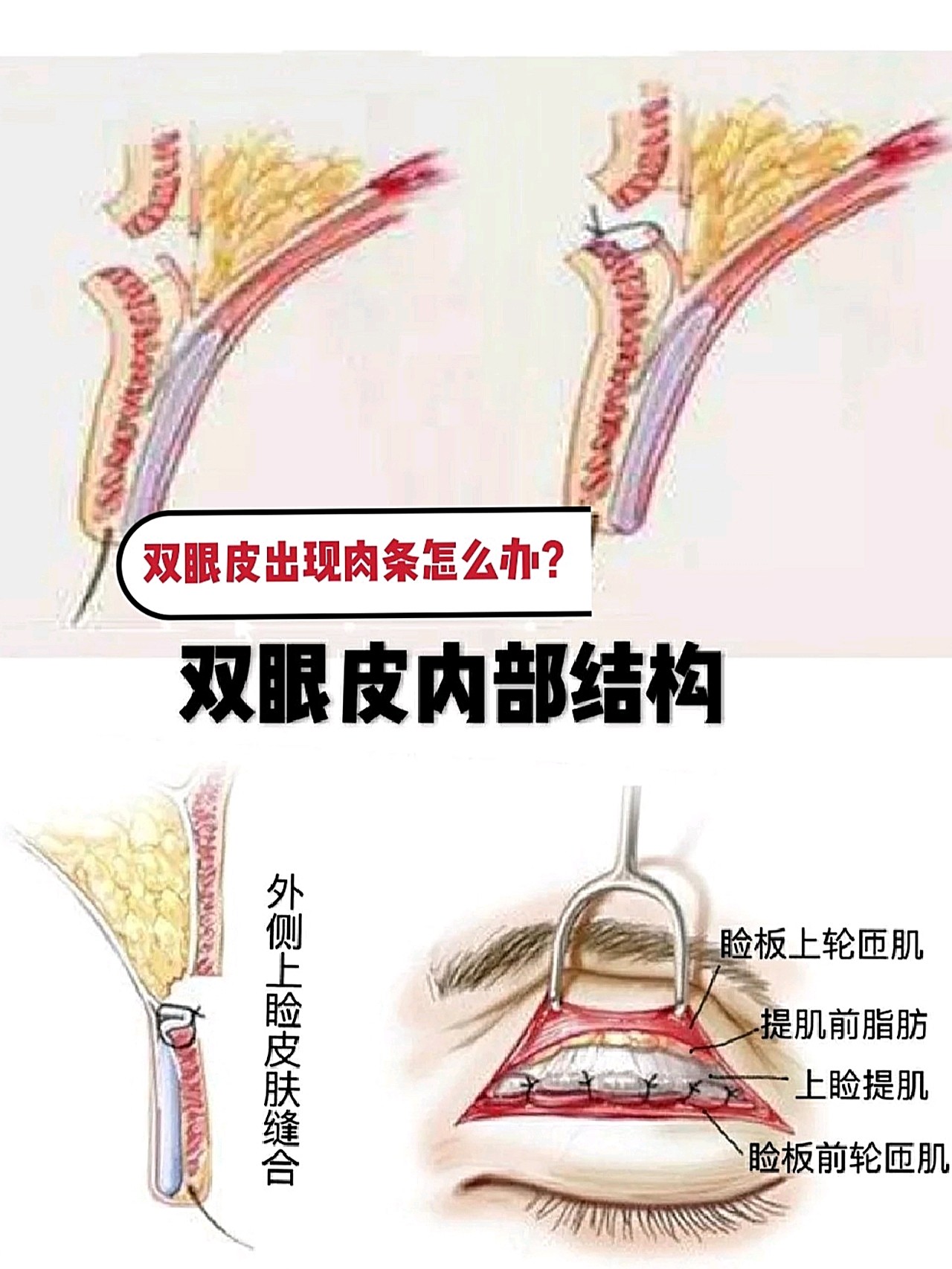 位置错误,固定在睑板组织上了 4:组织去除后,皮肤及其下疤痕的卷缩 5