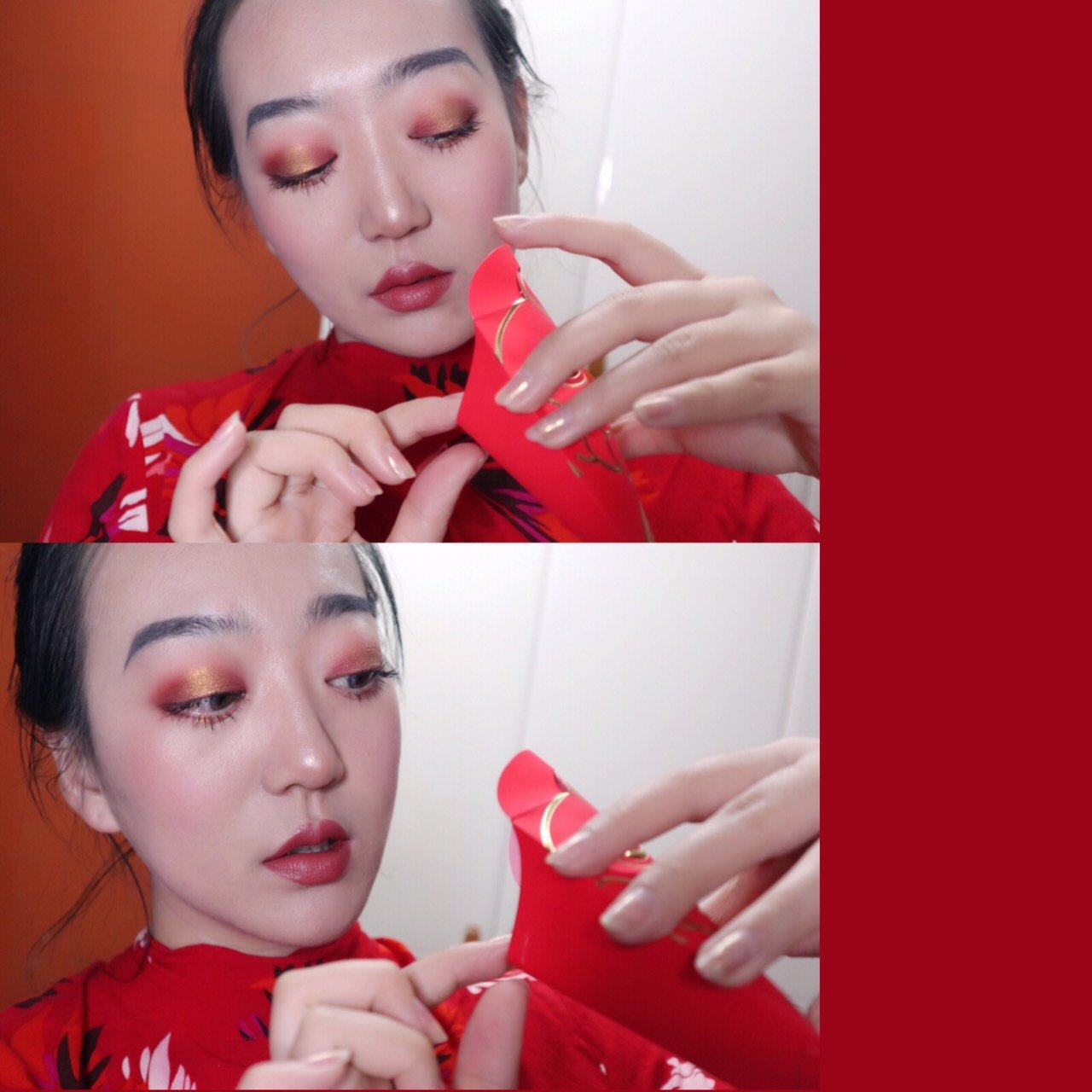 哈哈哈哈哈哈哈 眼影用的zeesea02盘:肉粉色打底-金属红色加深眼