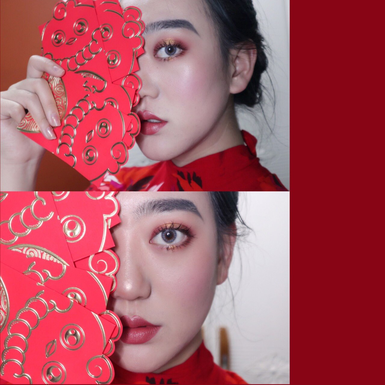 那必须要红红火火的! 妆容的主题就是发财!