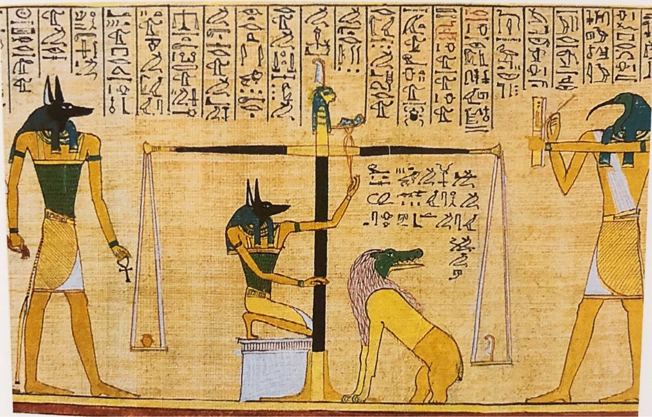 公元前1285年埃及壁画有豺头的死神阿努比斯正监督称量死者的心脏有鸟