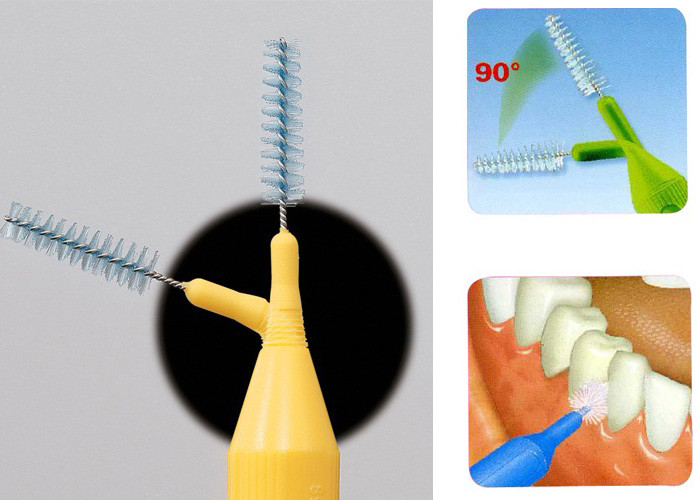 将牙缝刷轻轻转动插入牙间齿缝,前后移动来清洁每个牙面的牙垢.