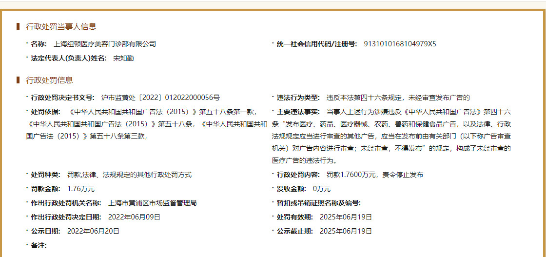 违反《广告法》 上海纽顿医疗美容门诊部被罚